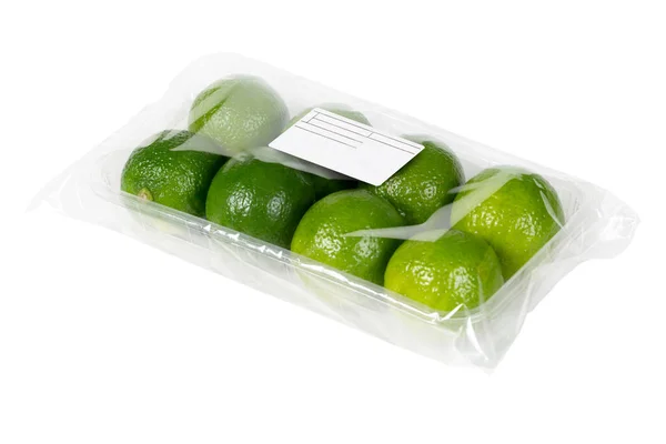 Freshly Harvested Limes Packaged Labeled Isolated White Background — Stock Photo, Image