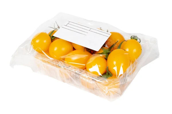 Packed Labeled Yellow Cherry Tomatoes Isolated White Background — Stock Photo, Image