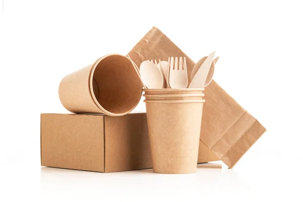 Paper Cups Box Paper Bag Made Eco Kraft Paper Wooden — Fotografia de Stock