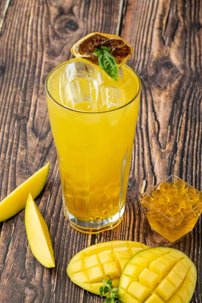 Mango Lemonade Bubble Tea Dark Wooden Background — Stock Photo, Image