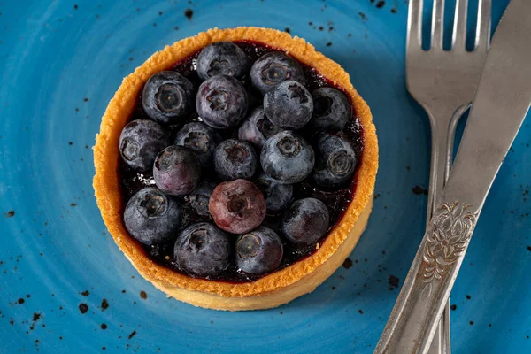 Freshly Baked Blueberry Tart Blue Porcelain Plate — Stock Photo, Image