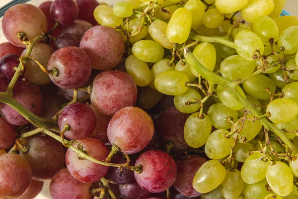 Fresh red and green grapes in a glass bowl. Healthy eating concept