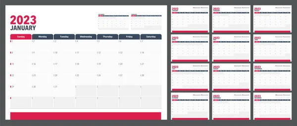 Calendar Planner 2023 in English language. Week start Sundey, corporate design planner template.