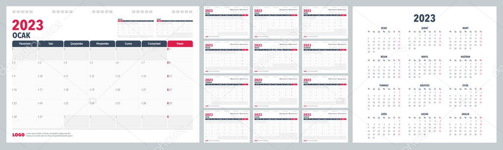 Calendar Planner 2023 in Turkish language. Week start Monday, corporate design planner template