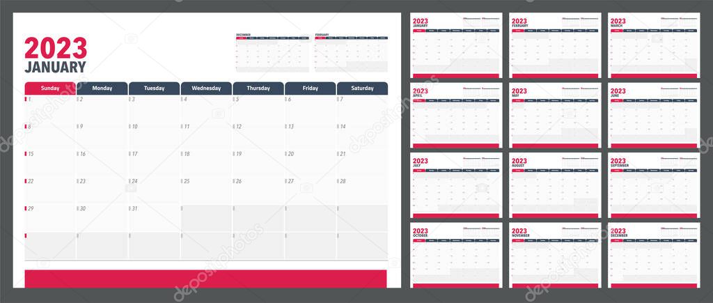 Calendar Planner 2023 in English language. Week start Sundey, corporate design planner template.