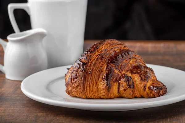 Croissant Coffee Next Wooden Table — Stock Photo, Image