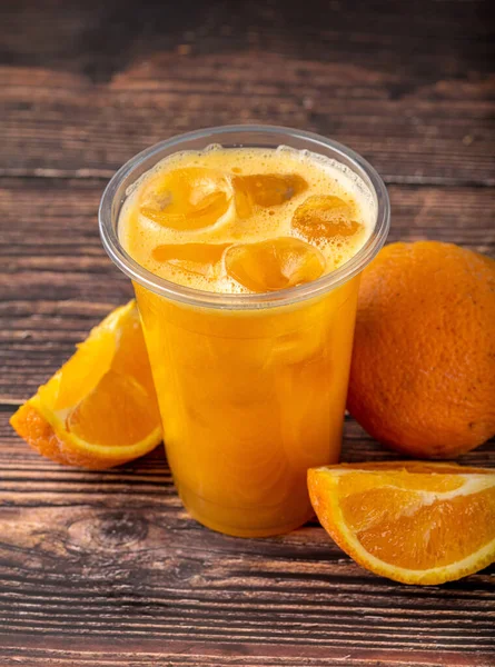 Freshly Squeezed Orange Juice Ice Cubes Wooden Table — Stock Photo, Image