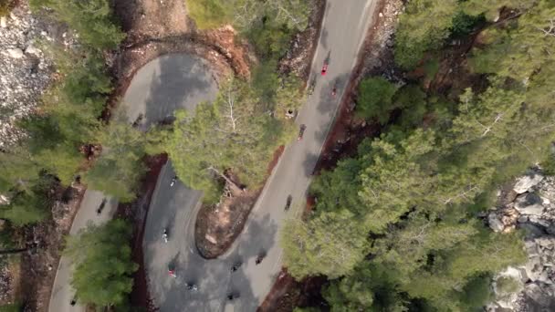 Légi Kilátás Enduro Motorkerékpárok Vezetés Vidéki Úton Keresztül Zöld Erdő Stock Felvétel