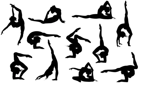 Set van 11 yoga asana silhouetten — Stockvector