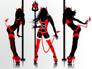Women's vector silhouettes in devil's erotic suits clipart