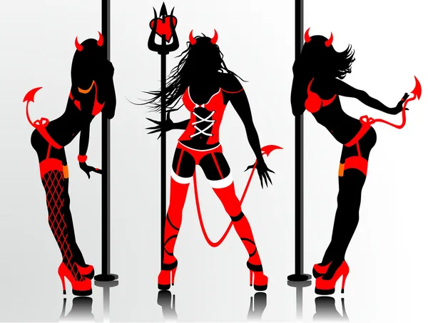 Women's vector silhouettes in devil's erotic suits — Stock Vector