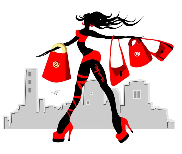 Walking glamour girl with the purchases — Stock Vector