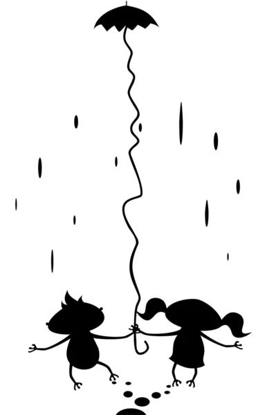 Feliz casal dos desenhos animados andando sob a chuva — Vetor de Stock