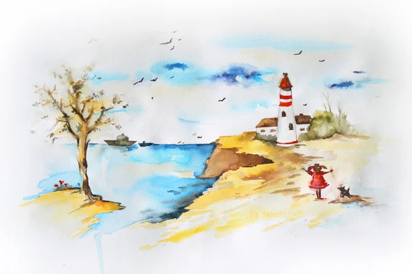 Paysage marin. Dessin aquarelle — Photo