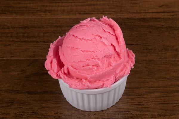 Red Colored Ice Cream Served White Pot Strawberry Flavored Gelato — Stock Photo, Image