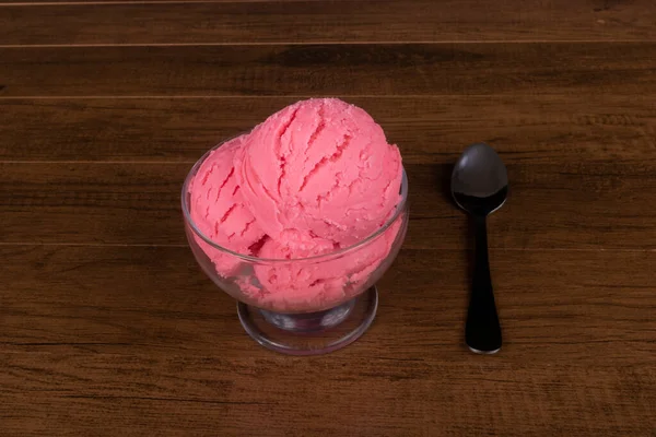 Strawberry Flavored Ice Cream Served Glass Bowl Spoon Side Cold — Stock Photo, Image