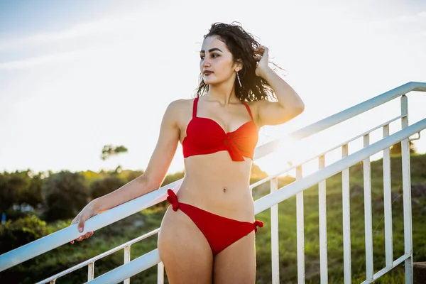 Beautiful Young Woman Bikini Posing Beach — Stock Photo, Image