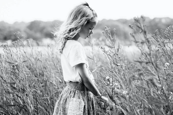 Mädchen Geht Sommer Nachdenklich Durch Blumen Strand — Stockfoto