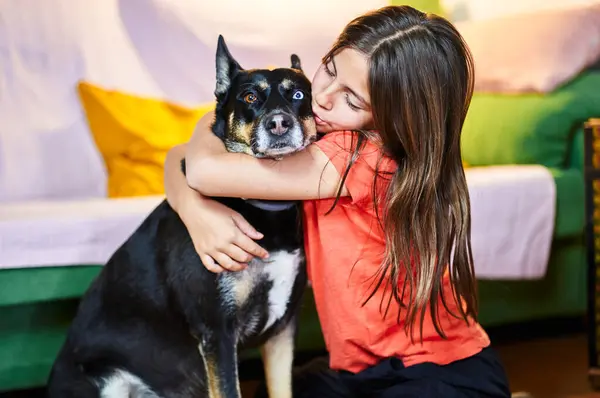 Little Girl Hugs Her Dog Having Fun Home — Stock Photo, Image