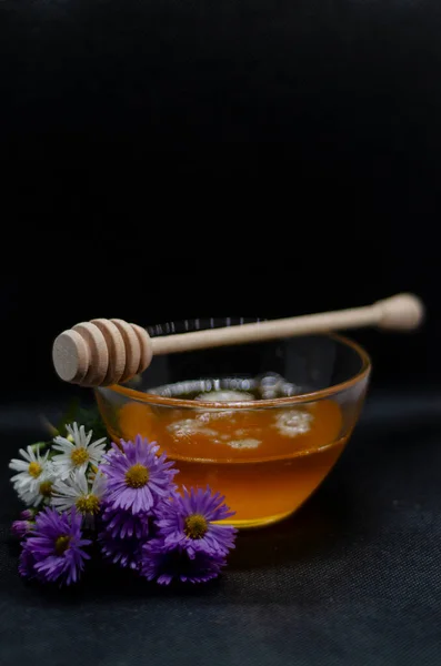 Honing Een Pot Verse Kamille Witte Roze Bloemen — Stockfoto