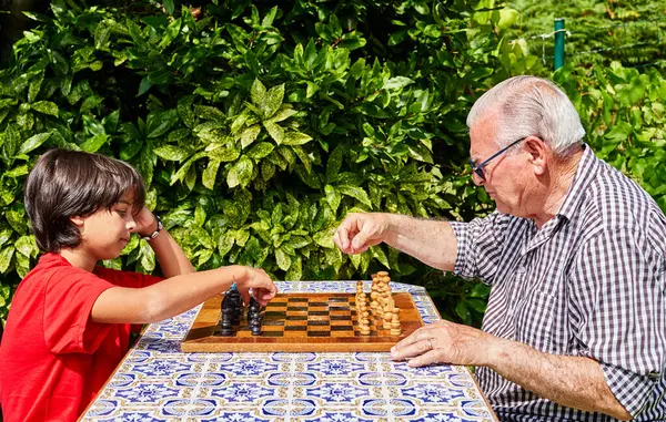 Grandfather Grandson Chessboard — Stock Photo, Image