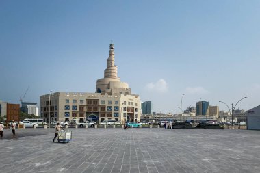 Doha, Qatar  October 5, 2019: Cityscape old town of Doha, Qatar with Al Fanal building and Qatar Islamic Cultural Center against blue sky.