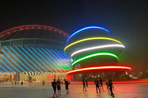 Doha Qatar October 2019 Colorful Facade Illuminated Khalifa International Stadium — Fotografia de Stock