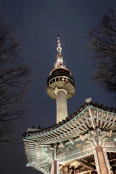 Vista Baixo Ângulo Templo Coreano Frente Seoul Tower Namsan Mountain — Fotografia de Stock