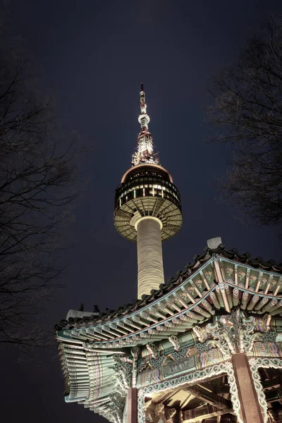 Vista Baixo Ângulo Templo Coreano Frente Seoul Tower Namsan Mountain — Fotografia de Stock
