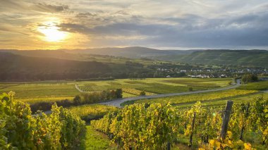 Gün batımında bulutlu gökyüzüne karşı Muelheim ve der Mosel 'in manzarası.