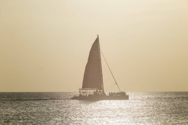 Bir katamaran gün batımında Karayip Denizi 'nde Meksika' daki Cozumel tropikal adasının yakınında yelken açar.