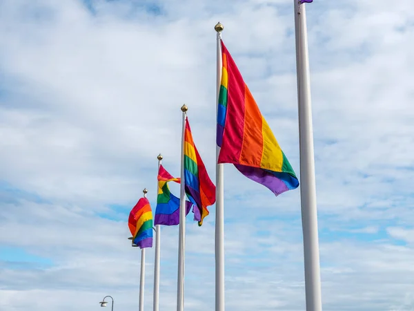 Rad Flaggstänger Med Gay Stolthet Flaggor Som Blåser Vinden — Stockfoto