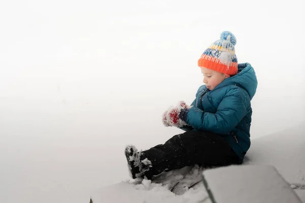 Happy Boy Knit Hat Making Snowball — Stock Photo, Image