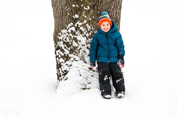 Mischievous Boy Hiding Tree Snow — Fotografia de Stock