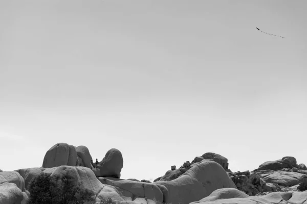 Ragazzo Che Gioca Con Aquilone Sulle Rocce Del Deserto — Foto Stock