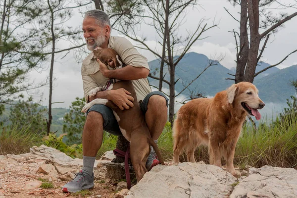 Gray Bearded Man Walk Mountains Dogs — Stock Photo, Image
