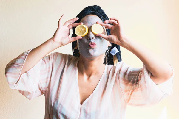 Happy Girl Applying Facial Cleansing Mask While — Stok Foto