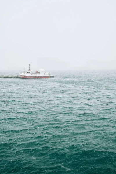 Dalgalı Denizde Bir Gemi Sisli Bir Iskele — Stok fotoğraf