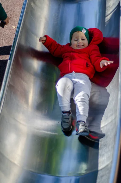 Year Old Boy Red Jacket Going Downhill — Stock Photo, Image