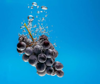 Mavi zemin üzerinde su kabarcıkları olan bir demet üzüm.