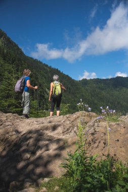 Pireneler 'de iki kadın yürüyüş yapıyor.