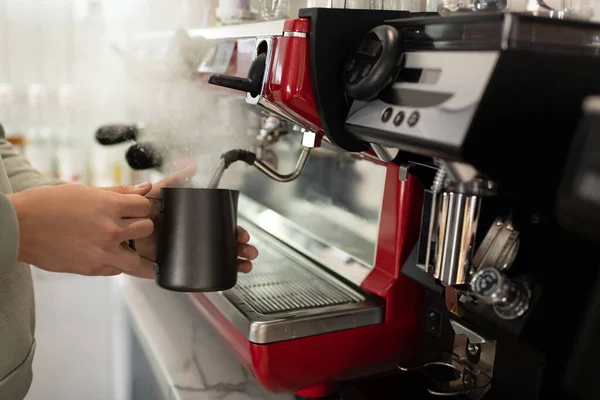 Cropped Male Barista Steaming Hot Beverage Jug Work Modern Cafe — Stock Photo, Image