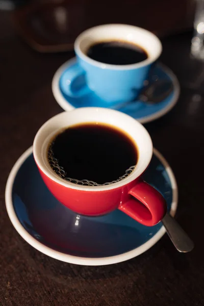 Šálek Černé Kávy Snídani Kavárně Při Východu Slunce — Stock fotografie