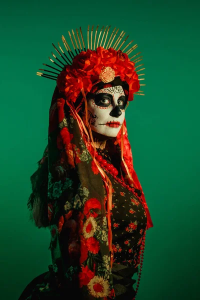 Jeune Femme Dans Style Calavera Avec Maquillage Crâne Mexicain Sur — Photo