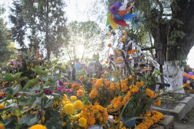 Cholula, Meksika; 11-02-2021 Mezar, Puebla 'da ölüm gününü kutlamak için cempasuchil çiçekleriyle süslenmiş. Dia de muertos. Seçici Odaklanma Folkloru