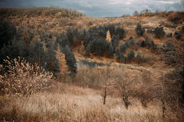 Осінні Пагорби Барвистими Деревами Озером Під Бурхливим Небом — стокове фото