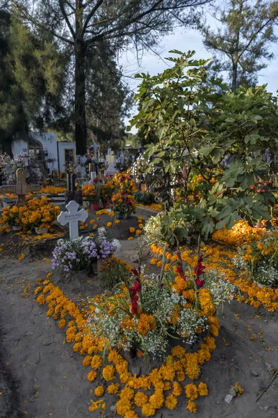 Diferentes Tumbas Bellamente Adornadas Cementerio Con Flores Cempasuchil Para Celebración — Foto de Stock