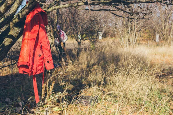 Une Veste Rouge Est Accrochée Une Branche Arbre Sur Herbe — Photo