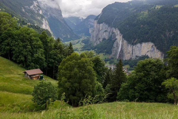 Swiss Valley Waterfall Aerial View — Stock Photo, Image