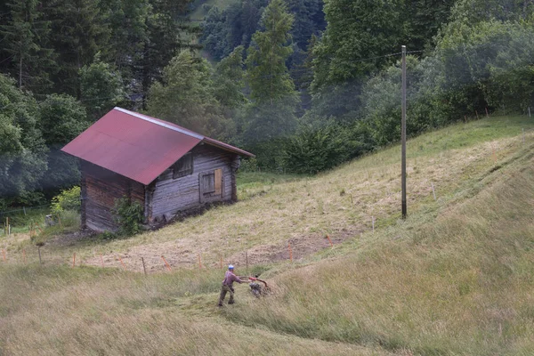 Landbouwer Maait Gras Het Zwitserse Platteland — Stockfoto